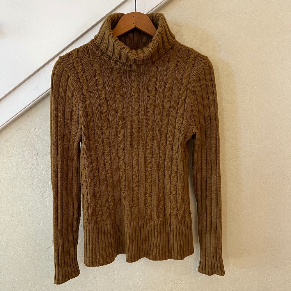 J. Crew Cable Knit Wool Turtleneck Sweater VTG M Oak Brown
